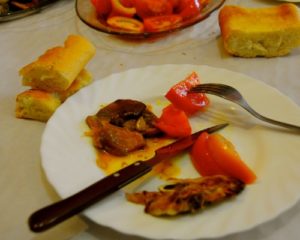 Plate of food and some bread at eh Pagos de Matanegra winery in Ribera del Duero