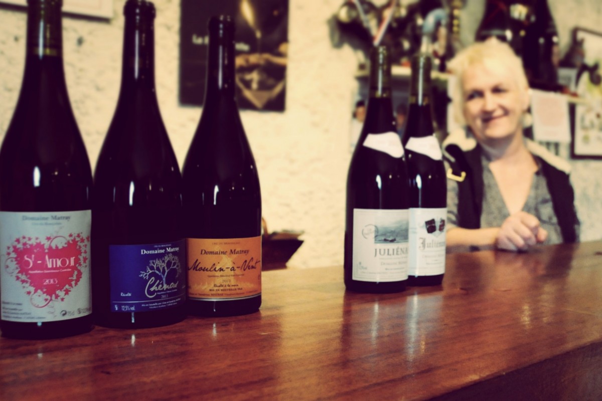 Sandrine Matray of Domaine Matray looking at the line up of wines