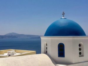 The church with the blue dome in Santorini.