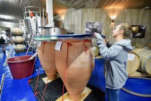 Ilaria Martini of Bodega Cerron inspects a clay amphora containing wine.
