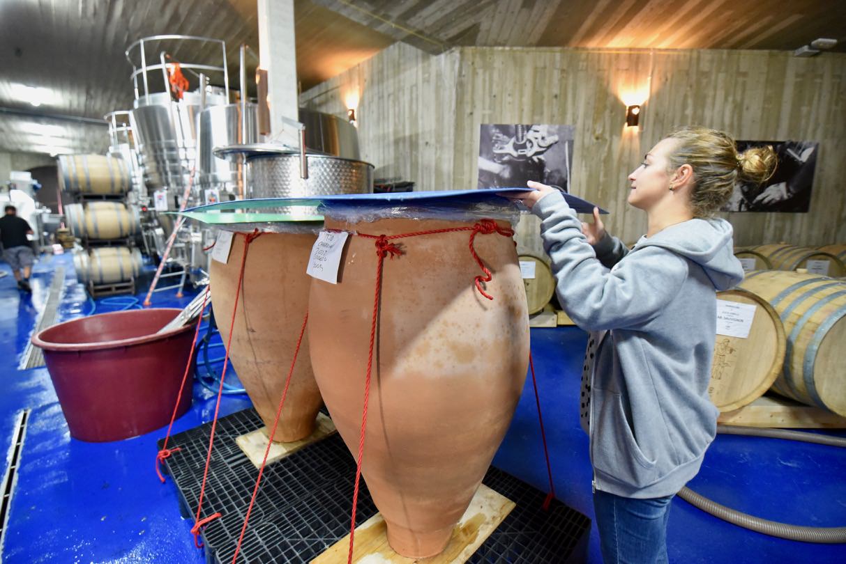 Ilaria Martini of Bodega Cerron inspects a clay amphora containing wine.