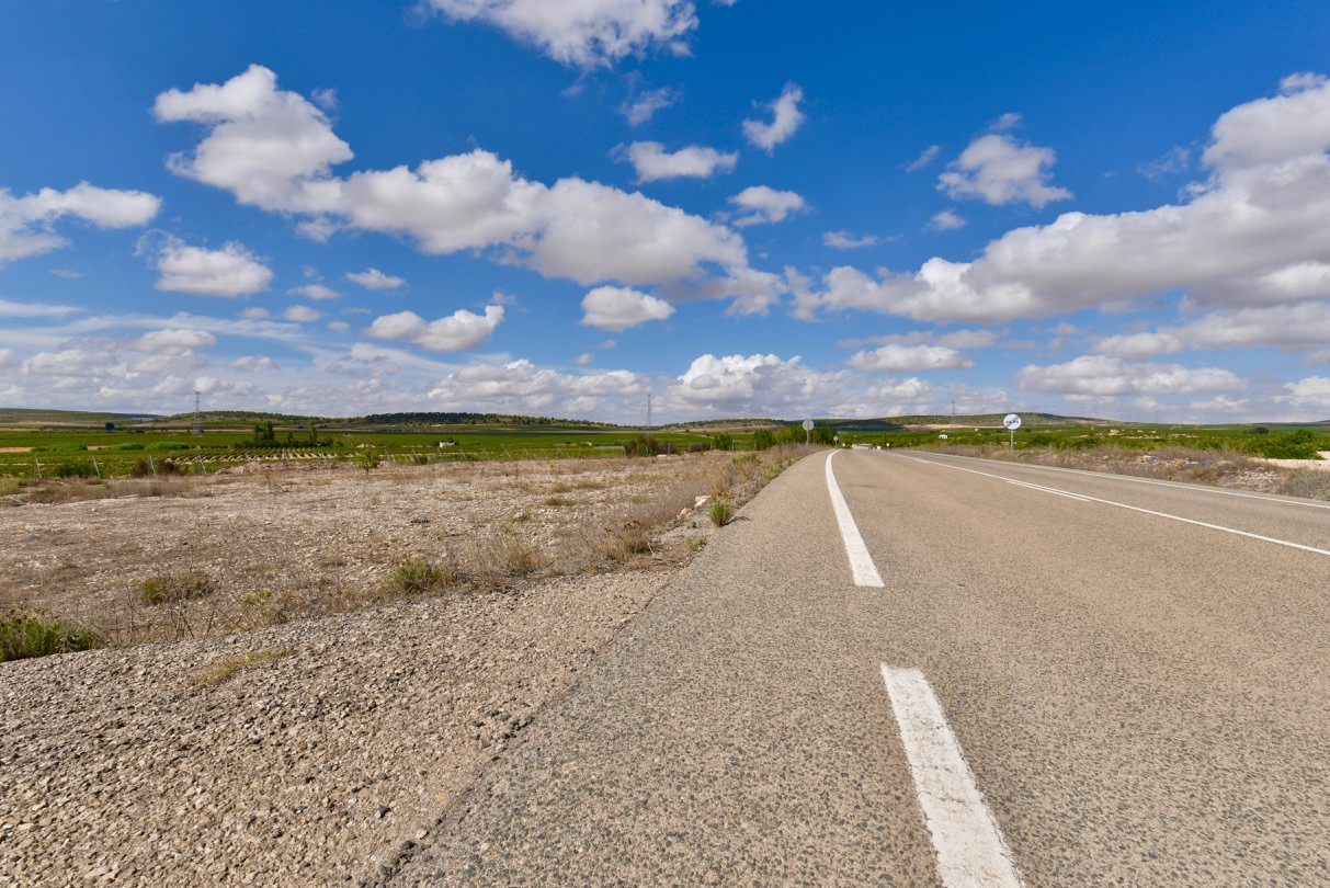 Road in the La Mancha Spanish wine region .