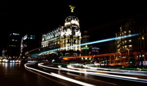 The Calle Gran Via in Madrid at night time