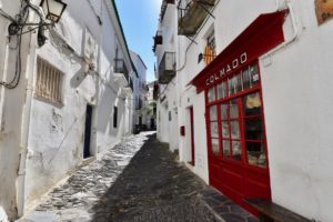 and a store with a red door front.