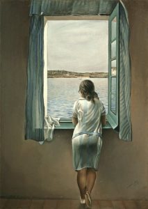 Salvador Dali's painting Girl at a Window showing a young girl looking out towards the sea.