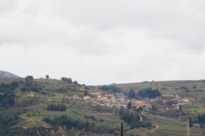 village and vineyards on the side of a hill.