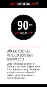 Image of a review of Las Perdices Don Juan Reserva wine by James Suckling