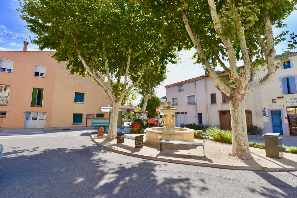 A public fountain surrounded by trees and buildings in Maury, France