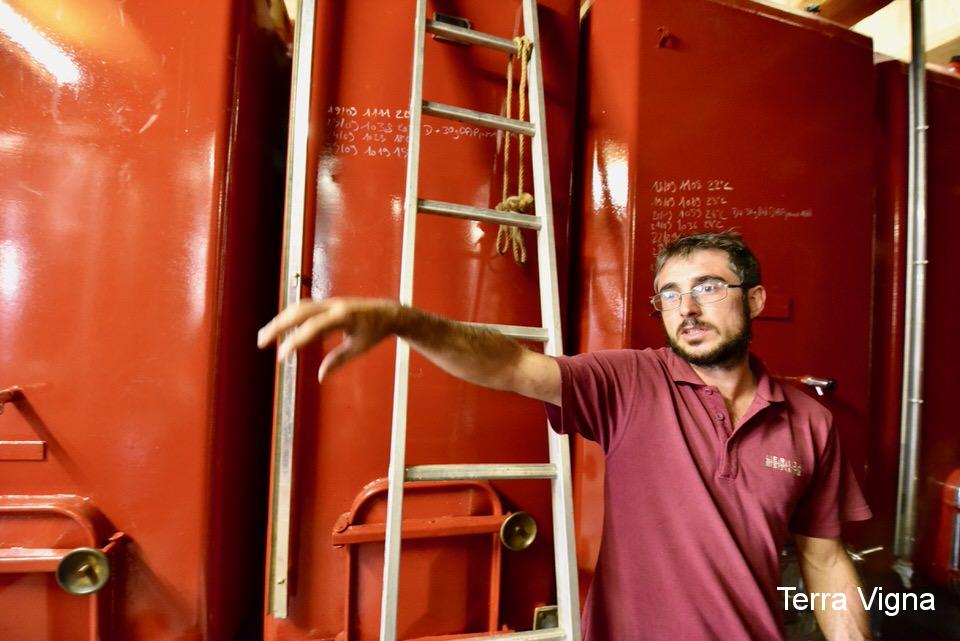 Man talking in a winery next to a ladder and wine tanks.