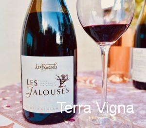 bottle of les jalousies wine with a glass of wine next to it.