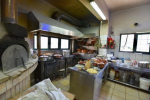 a kitchen with pots and pans.